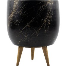 Tasarımı Ev Dekorasyon Aksesuar Siyah Üzeri Gold Mermer Efektli Toprak Saksı Saksılık Salon Çiçeklik 3 Ayaklı - 19 cm