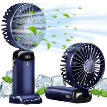 El Vantilatörü, USB Şarj Edilebilir Kişisel Fan, 4800MAH, 90° Katlanabilir Mini Masa Fanı, LED Dijital Ekranlı 5 Hız Çok Fonksiyonlu Fan Dış Mekan Iç Mekan Için (Mavi)