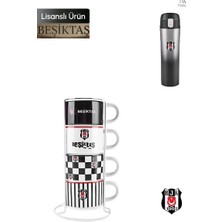 Karaca Beşiktaş 4 Kişilik Standlı Porselen Çay Fincan Takımı ve 450 ml Sızdırmaz Çelik Termos Seti Bjk Lisanslı Taraftar Hediyelik Mutfak Paketi