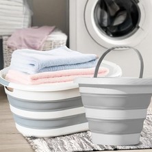 2li Katlanır Temizlik Seti - Katlanır Sepet 25LT - Katlanır Kova 10LT Beyaz - Gri