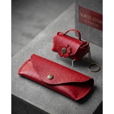 Sorte Store Hakiki  Deri  Kırmızı  Mini Cüzdan ve Gözlük  Kabı /ikili  Set
