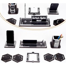 Space+Gümüş Kalemlik Ahşap Masa Isimliği Seti Mermer Desen Hediye Ofis Organizer Masa Üstü Isimlik