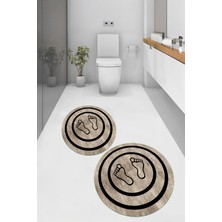 PremiumPort Yıkanabilir Kaymaz Taban Ayak Izi Desenli Yuvarlak Banyo Paspası 2'li Takım