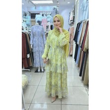 Esra Butik Açık Sarı Çiçek Desenli Kat Kat Kuşaklı Şifon Tesettür Elbise