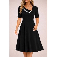 Kadın Kısa Kollu Asimetrik Yaka Detaylı Midi Janjan Krep Elbise