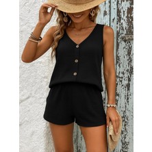 Efnaz Style Kadın Askılı Kolsuz V Yakalı önden Düğmeli Bürümcük Bluz Ve Short Ikili Takım