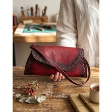 Sorte Store Hakiki  Deri Kadın  Bordo  El  Boyaması  ve  Craft  Desenli  Kısa Saplı  El  Çantası