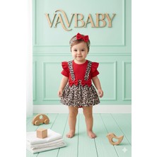 Vavbaby Kız Bebek Leopar Desenli Bandanalı Kısa Kollu Askılı Jile Elbise ve Çıt Çıt Body Takımı - Kırmızı