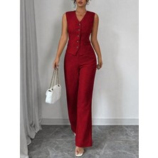 Efnaz Style Kadın Askılı Önden Düğmeli Bluz ve Pantolon Keten Ikili Takım