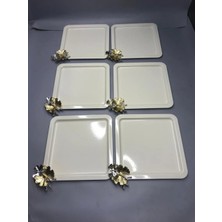 Özgürce Paslanmaz Çelik Kare Servis Tepsisi, Kelebek Aksesuarlı, 6’lı Krem Kahve