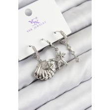 Uravas Store Pirinç Zirkon Taşlı 3'lü Yıldız ve Istiridye Model Gümüş Renk Kadın Küpe