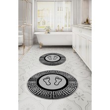 PremiumPort Yıkanabilir Çerçeveli Ayak Baskılı Yuvarlak Banyo Paspası Seti