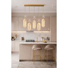 Aura Lighting Aura Lıghtıng Gold Elips 5'li Yemek Masası Modeli 3 Renk LED Kumandalı Modern Avize Gece Modlu