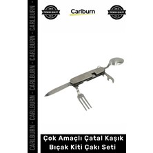 Carlburn Özel Üretim Kamp Outdoor Katlanabilir Dayanıklı Çok Amaçlı Çatal Kaşık Bıçak Kiti Çakı Seti Gümüş