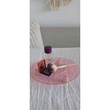 Özgürce 25 cm Pembe Akrilik Yuvarlak Sunum Tablası, Ahşap Ayaklı Dekorasyon