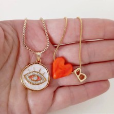 Nergis Collection Murano Turuncu Kalp / Sedefli Göz Kolye