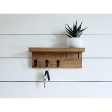 Özgürce Rustik Ahşap Anahtar Askısı ve Duvar Rafı, Dekoratif Kancalı Tasarım