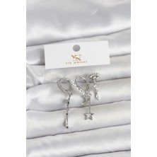 Siv Ticaret Mey Ithalat® Pirinç Gümüş Renk Zirkon Taşlı Gece Temalı 3'lü Kadın Küpe