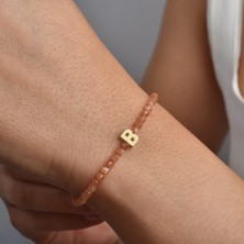 Nox Jewelry 14 Ayar Altın Kaplama Harfli Güneş Taşı Doğal Taşlı Gümüş Bileklik - BGS00120