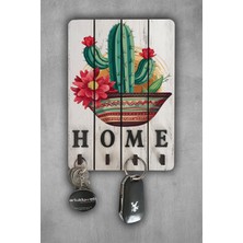 Özgürce Ahşap Beyaz Dekoratif Anahtar Askısı ve Key Holder Kaktüs Teması