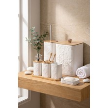 PremiumPort 7 Parça Desenli Kare Bambu Kapaklı Beyaz Banyo Seti, 8 Litre