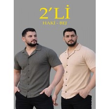 Efnaz Style Erkek Waffle Dokuma Açık Yakalı Düğmeli Regular Kalıp 2’li Gömlek Seti - Haki - Bej