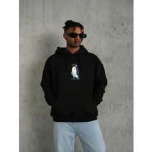 Efnaz Style Siyah Oversize Hoodie - Sırt Baskılı Survivor Penguin Temalı, Felsefi Yazılı Kapüşonlu Sweatshirt - Siyah