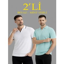 Efnaz Style Erkek 2’li Paket Triko Yakalı Düğmesiz Açık Yaka Fitilli Kısa Kollu Regular Fit Tişört - Beyaz - Mint Yeşili