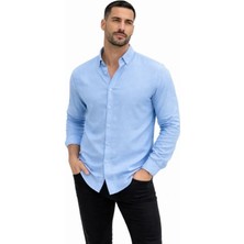 Efnaz Style Erkek Keten Kumaş Oversize Uzun Kollu Rahat Kalıp Gömlek - Açık Mavi