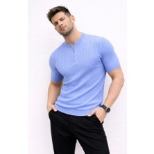 Efnaz Style Erkek Kısa Kol Fitilli Triko T-Shirt Yazlık Hakim Yaka Tişört - Bebek Mavisi