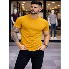 Efnaz Style Erkek T-Shirt Bisiklet Yaka Slim Fit Dar Kesim Likralı Tişört Günlük Basic Body - Limon