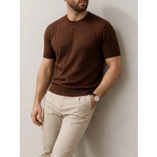 Efnaz Style Erkek Yazlık Triko Dokuma Tişört Kısa Kol Bisiklet Yaka Örgü Desenli T-Shirt - Kahverengi