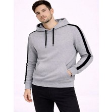 Efnaz Style Erkek Şeritli Kapüşonlu Sweatshirt Oversize 3 Iplik Pamuklu - Gri