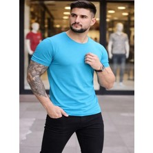 Efnaz Style Erkek T-Shirt Bisiklet Yaka Slim Fit Dar Kesim Likralı Tişört Günlük Basic Body - Açık Mavi