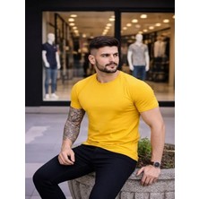Efnaz Style Erkek T-Shirt Bisiklet Yaka Slim Fit Dar Kesim Likralı Tişört Günlük Basic Body - Sarı