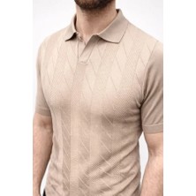 Efnaz Style Erkek Yazlık Triko Dokuma Tişört Kısa Kol Polo Yaka T-Shirt - Bej