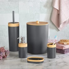 PremiumPort Bambu Desenli Gri 5'li Banyo Seti Çöp Kovası, Sıvı Sabunluk, Diş Fırçalık