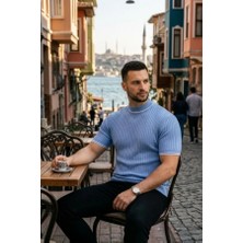 Efnaz Style Erkek Fitilli Triko Dokuma Kısa Kol Tişört Yarım Boğaz Modern Yazlık T-Shirt - Bebe Mavisi
