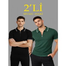 Efnaz Style Erkek 2’li Paket Dokuma Triko  Fermuarlı Yakalı Fitilli Kısa Kollu Regular Fit Tişört - Haki - Siyah