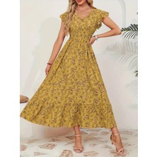 Efnaz Style Kadın Kısa Kollu Kruvaze Yaka Beli Lastikli Çiçek Desenli Elbise