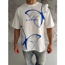 Efnaz Style Unisex Bisiklet Yaka Baskılı Oversize T-Shirt - Beyaz