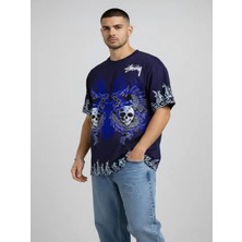 Efnaz Style Erkek Lacivert Oversize Tişört Dragon - Kuru Kafa Baskılı Bisiklet Yaka Streetwear T-Shirt - Lacivert