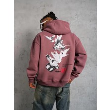 Efnaz Style Erkek Şapkalı Güvercin Baskılı Kapşonlu Sweat - Gül Kurusu