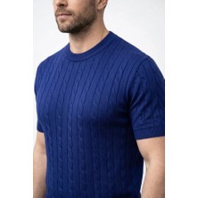 Efnaz Style Erkek Yazlık Triko Dokuma Tişört Kısa Kol Bisiklet Yaka Örgü Desenli T-Shirt - Lacivert