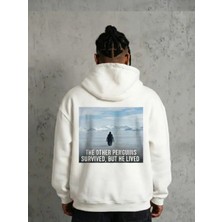 Efnaz Style Siyah Oversize Hoodie - Sırt Baskılı Survivor Penguin Temalı, Felsefi Yazılı Kapüşonlu Sweatshirt - Beyaz