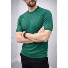 Efnaz Style Erkek Yazlık Triko Dokuma Tişört Kısa Kol Bisiklet Yaka Örgü Desenli T-Shirt - Haki