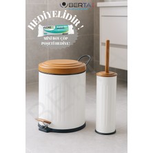 PremiumPort Vintage Banyo Seti Ahşap Beyaz Çöp Kovası 5lt ve Tuvalet Fırçası Hediye
