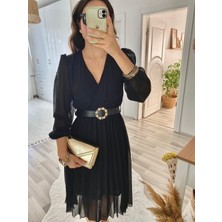Efnaz Style Kadın Şifon Kumaş Astalı Kloş Kesim Kruvaze Yaka Midi Boy Elbise