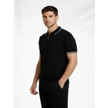 Efnaz Style Erkek Fermuarlı Yaka Fitilli Triko Kısa Kollu Regular Fit Tişört T-Shirt - Siyah