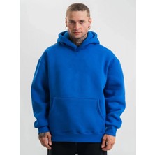 Efnaz Style Erkek Saks Mavi Double Oversize 3 Iplik Pamuklu Kapüşonlu Kanguru Cepli Sweatshirt Hoodie - Saks Mavi